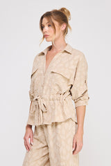 Jacquard Utility Tie Waist Top Taupe