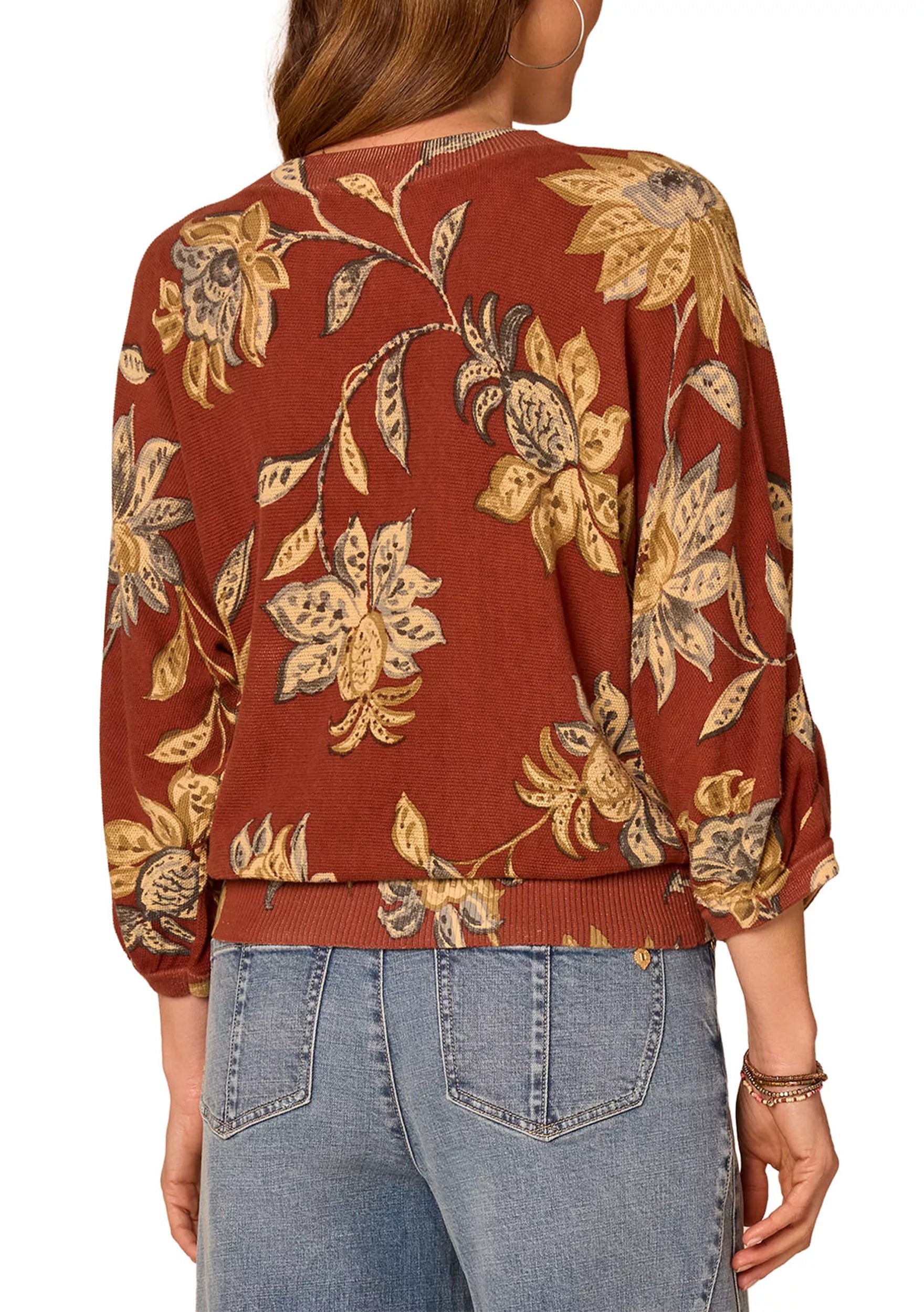 3/4 Dolman Tuck Sleeve Floral Banded Bottom Sweater Brown Multi