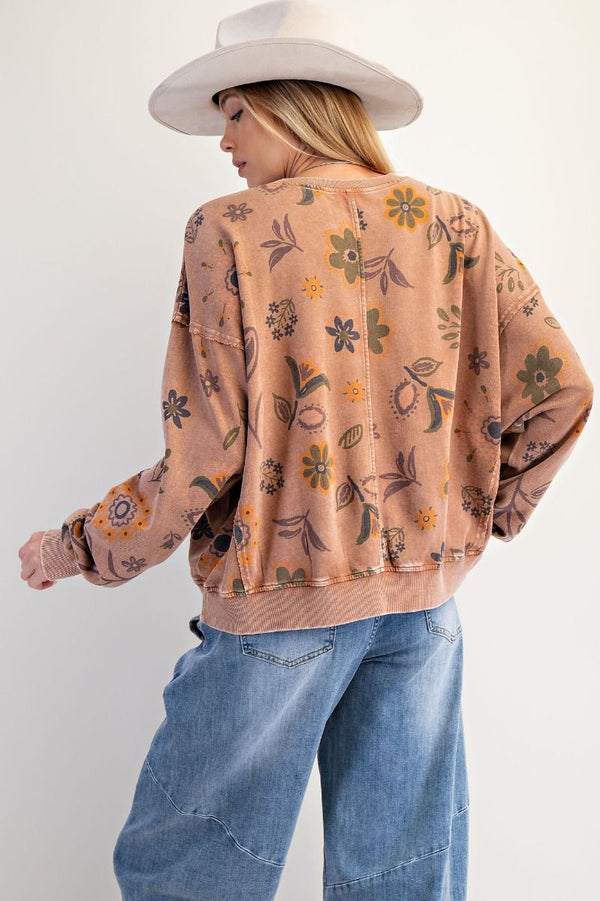 Floral Print Washed Terry Pullover Mocha Mouse
