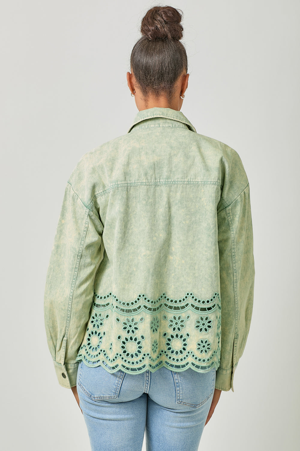 Eyelet Hem Detail Washed Shacket Sage Mint