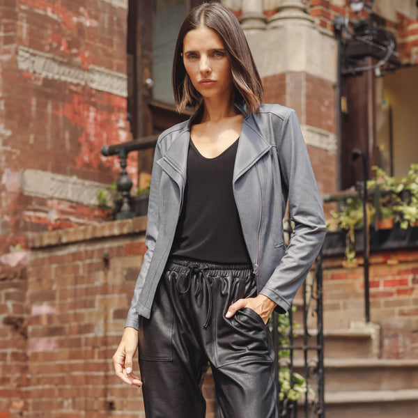 Classic Leather Knit Moto Jacket Charcoal