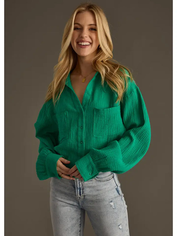 Gauze Button Up Long Sleeve Shirt Kelly Green