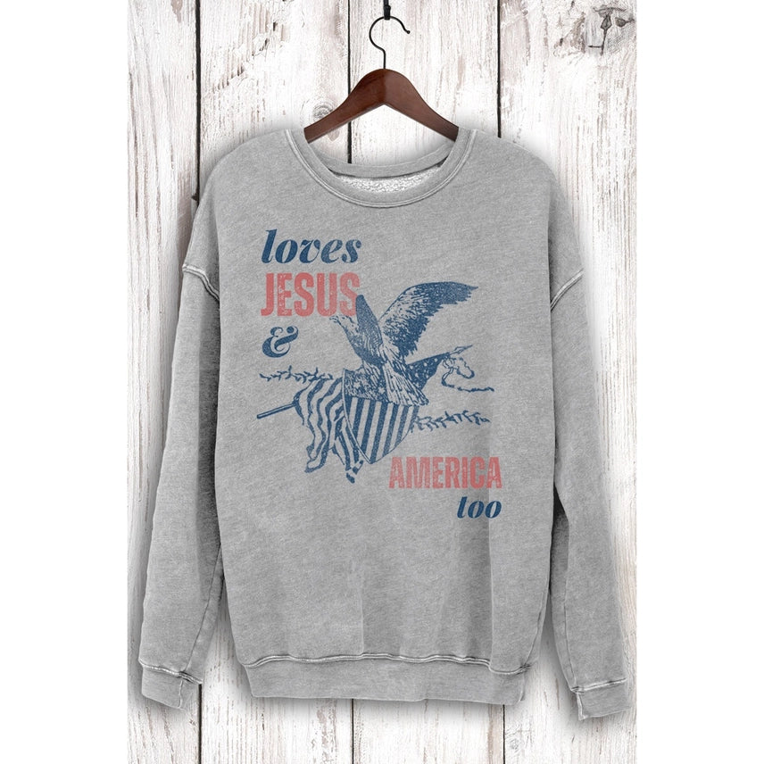 Loves Jesus & America Eagle Sweatshirt Mineral Heather Grey