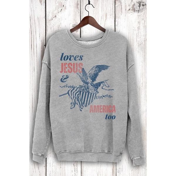 Loves Jesus & America Eagle Sweatshirt Mineral Heather Grey
