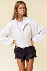 Front Zip Asymmetric Seam Details Crop Jacket Light Heather Grey