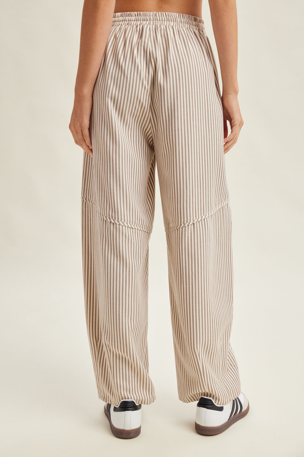 Striped Drawstring Seam Detail Pants Cream + Brown