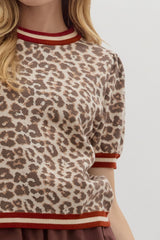 Leopard Pattern Short Puff Sleeve Banded Accent Top Ecru