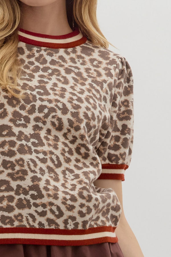 Leopard Pattern Short Puff Sleeve Banded Accent Top Ecru
