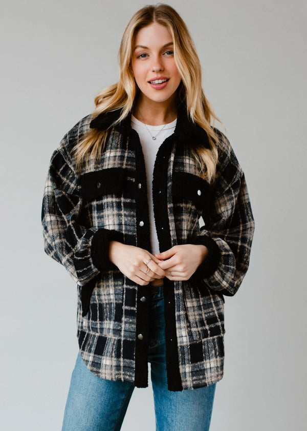 Sherpa Details Plaid Jacket Navy, Tan + Black