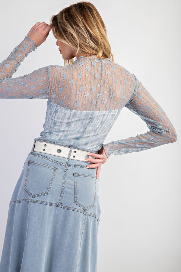 Sheer Lace High Neck Layering Top Dusty Blue
