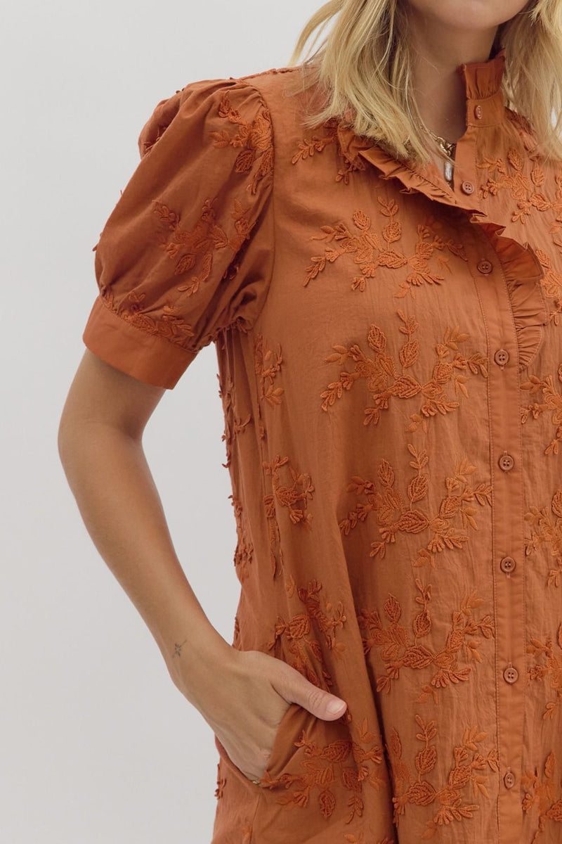 Stitched Floral Applique Button Down Dress Caramel