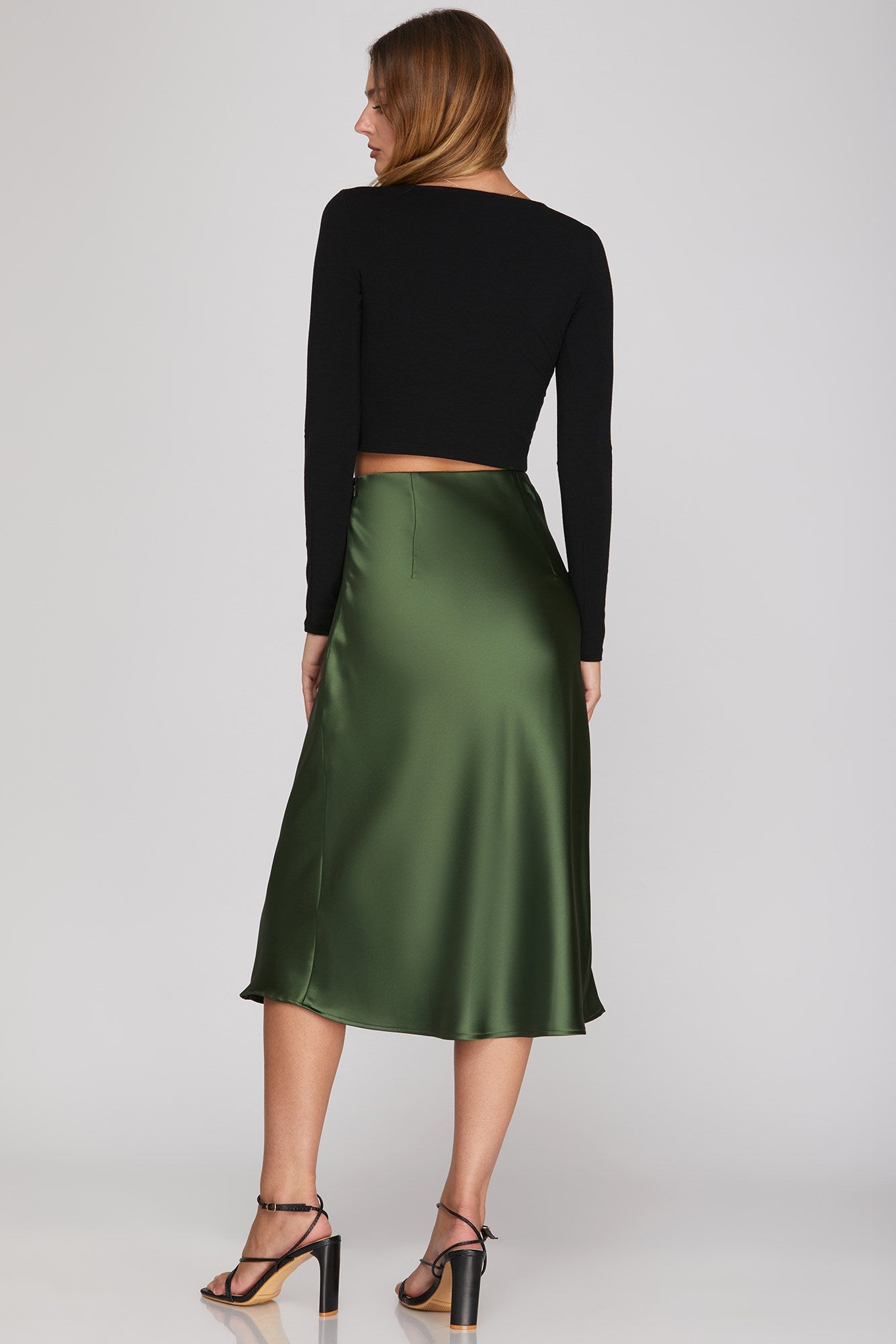 Satin Elastic Waist Midi Skirt Olive