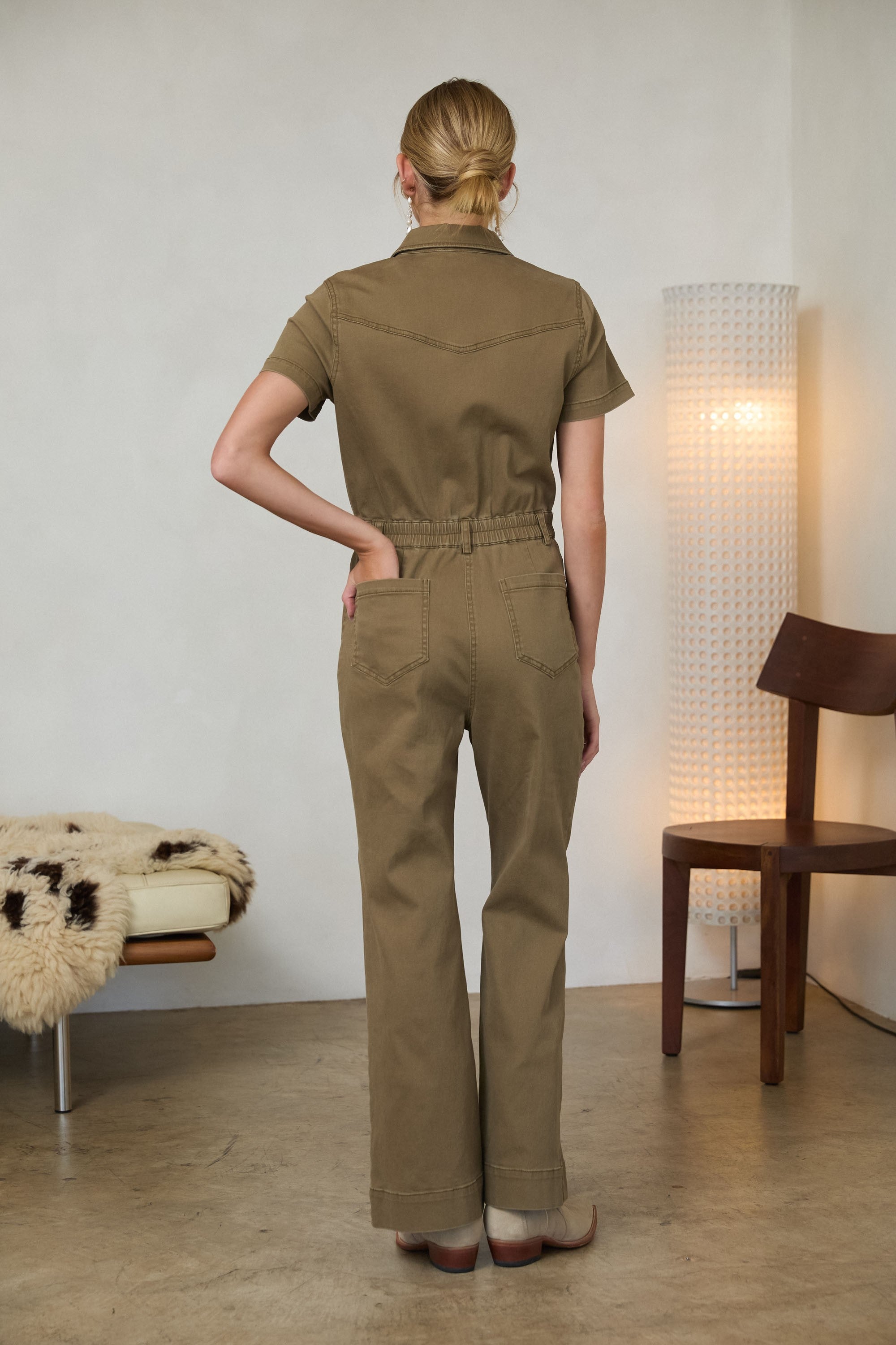 Cotton Twill Short Sleeve Jumpsuit Olive