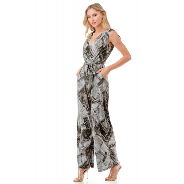 Tie Shoulder Belted Wide Leg Jumpsuit Grey Abstract Brush