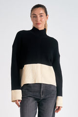 Color Block Turtleneck Ribbed Sweater Black + White