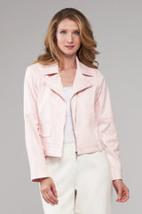 Zipper Stud Trim Vegan Leather Moto Jacket Baby Pink