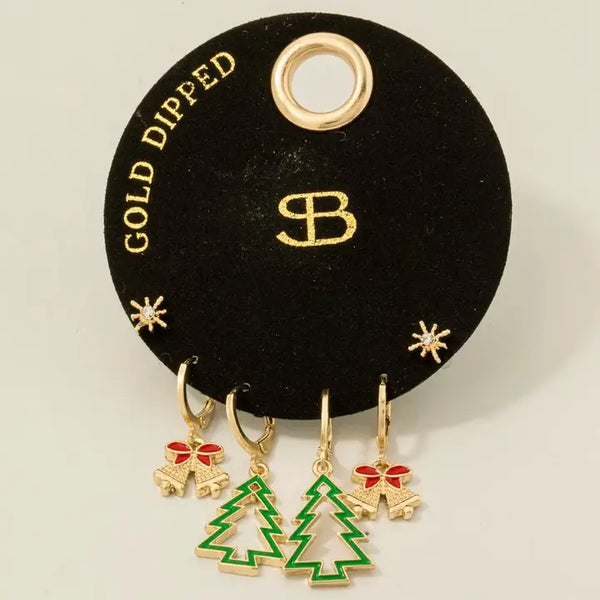 Secret Box Gold Dipped Earrings Set Christmas Theme Stud & Hoops