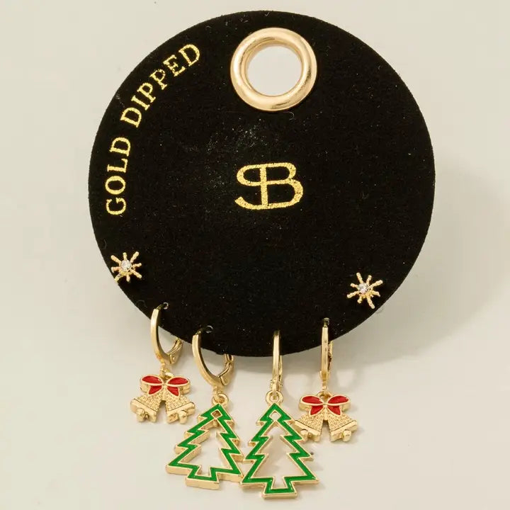 Secret Box Gold Dipped Earrings Set Christmas Theme Stud & Hoops