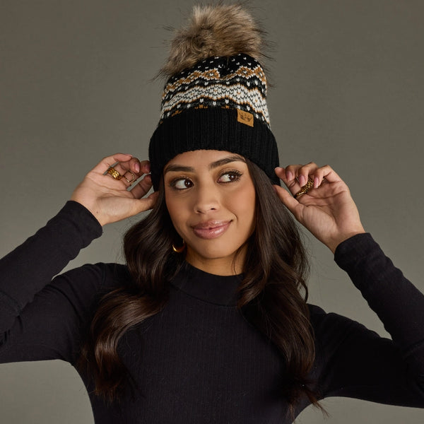 Winter Pattern Pom Hat Blk,Wht,Must,Blue