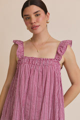 Ruffle Strap Gingham Mini Dress Red + White