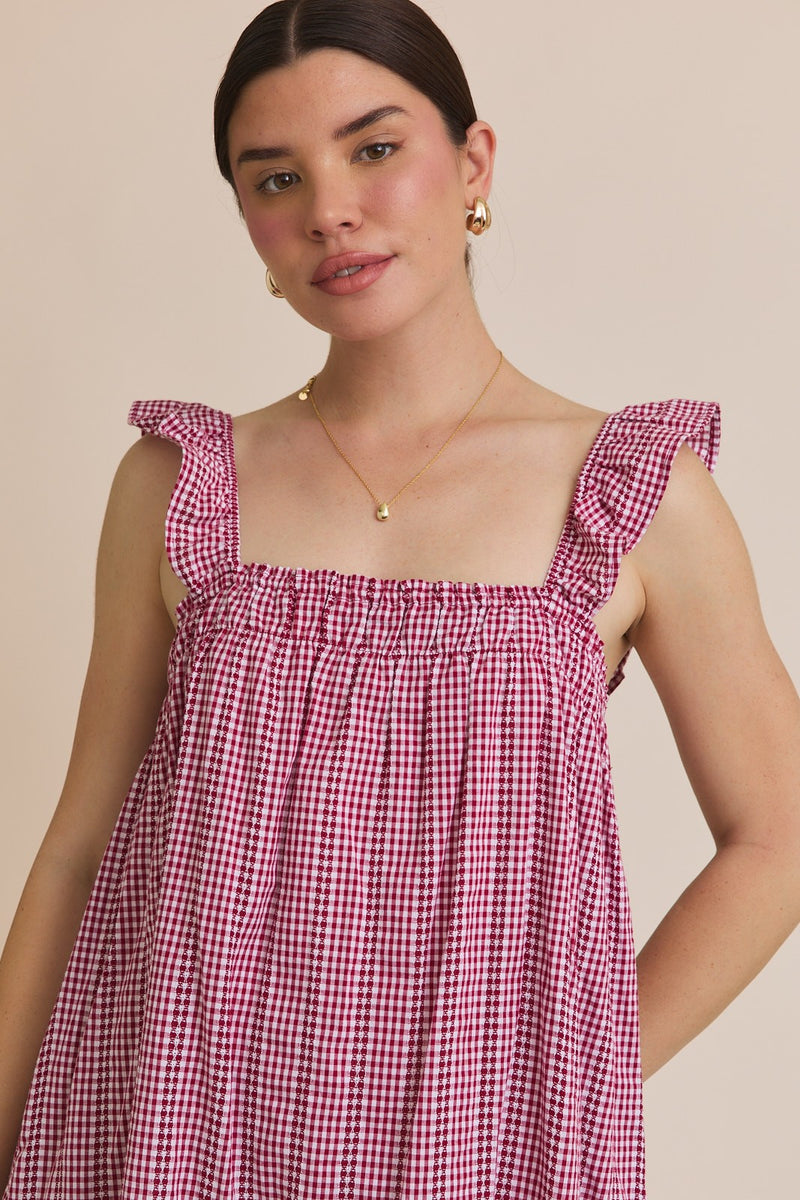 Ruffle Strap Gingham Mini Dress Red + White