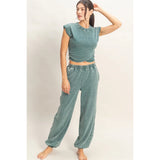 Rolled Sleeve Wrap Front Crop Top Jogger Set Dark Teal