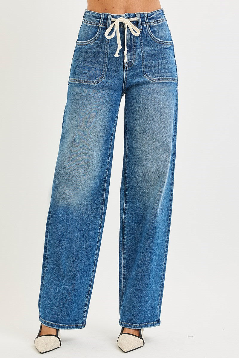 Tied Waistband High Rise Wide Baggy Jeans Dark