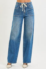 Tied Waistband High Rise Wide Baggy Jeans Dark
