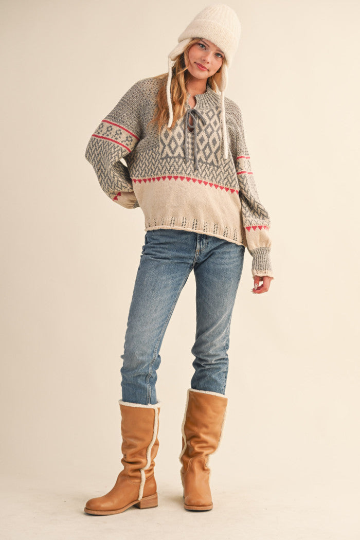 Pointelle Hem Nordic Sweater Grey Taupe