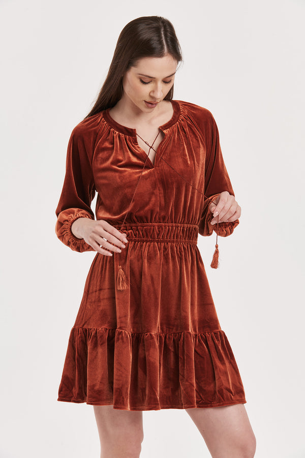 Gillian Tiered Velvet Dress Roasted Pecan