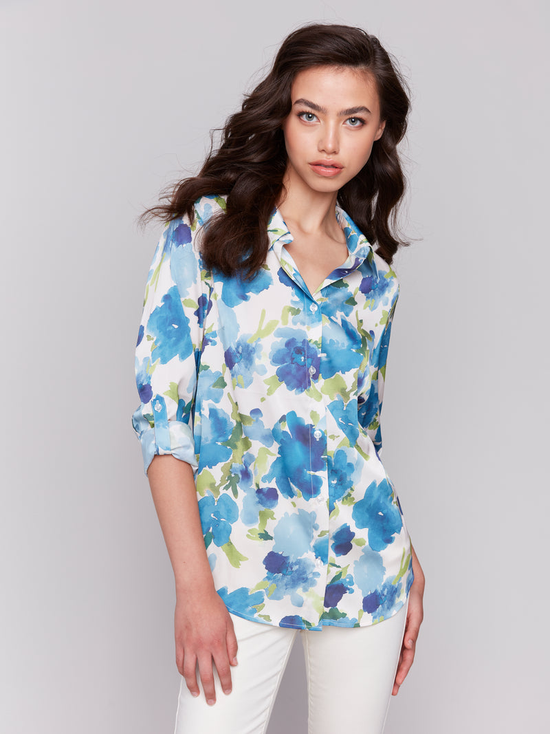 Printed Satin Button Down Shirt Lime