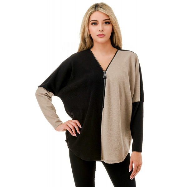 Colorblock Dolman Sleeve Zipper Top Black + Taupe