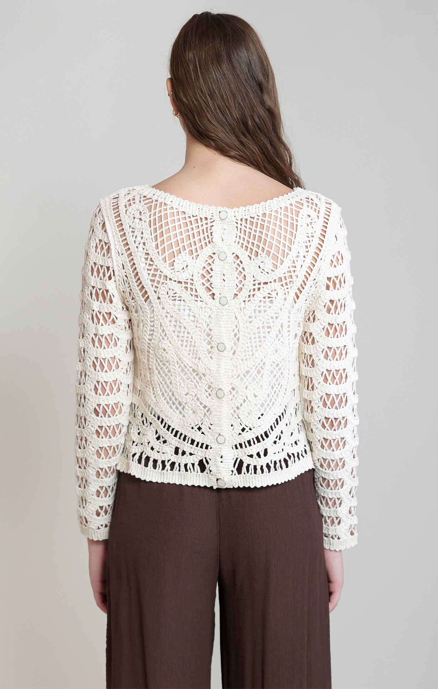 Buttoned Back Crochet Long Sleeve Top Whitecap Grey