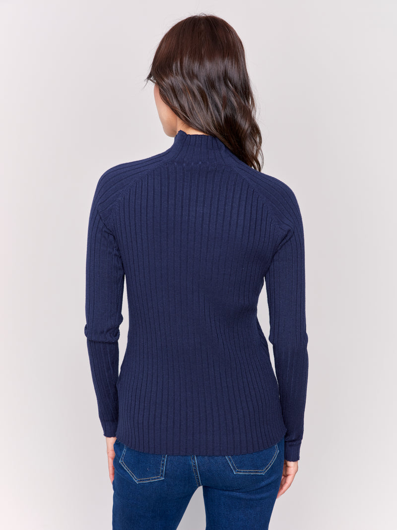 Basic Ribbed Mock Neck Sweater Top Navy