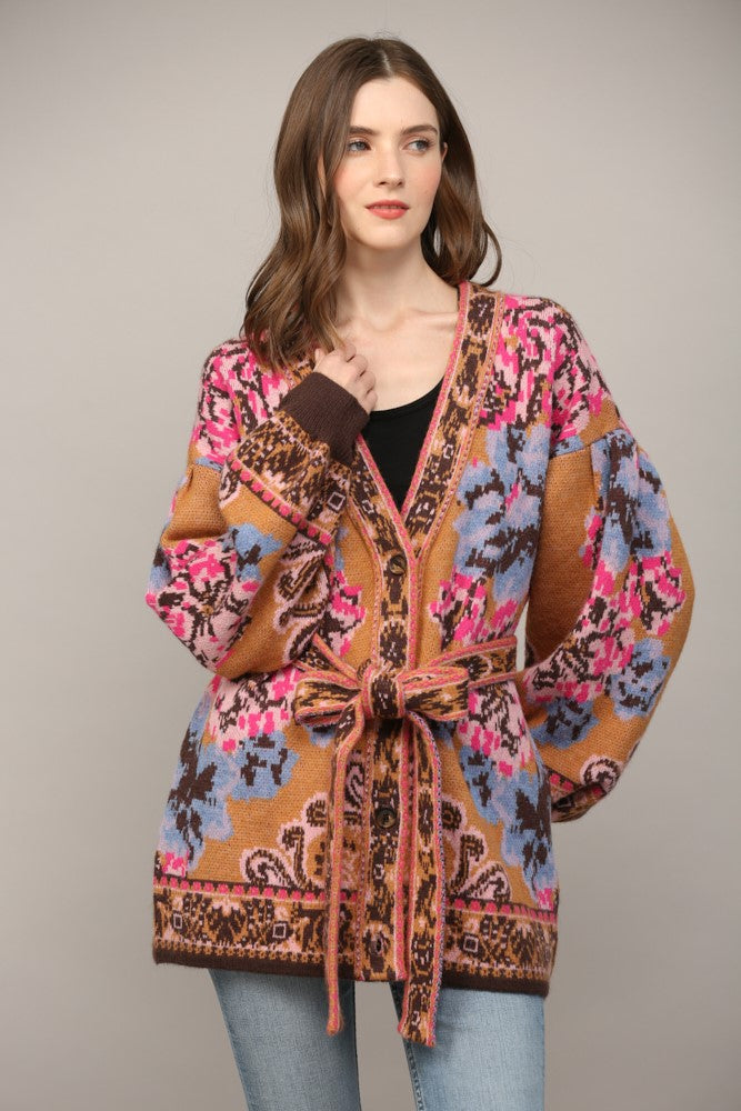 Tapestry Pattern Jacquard Waist Tie Cardi Camel Multi