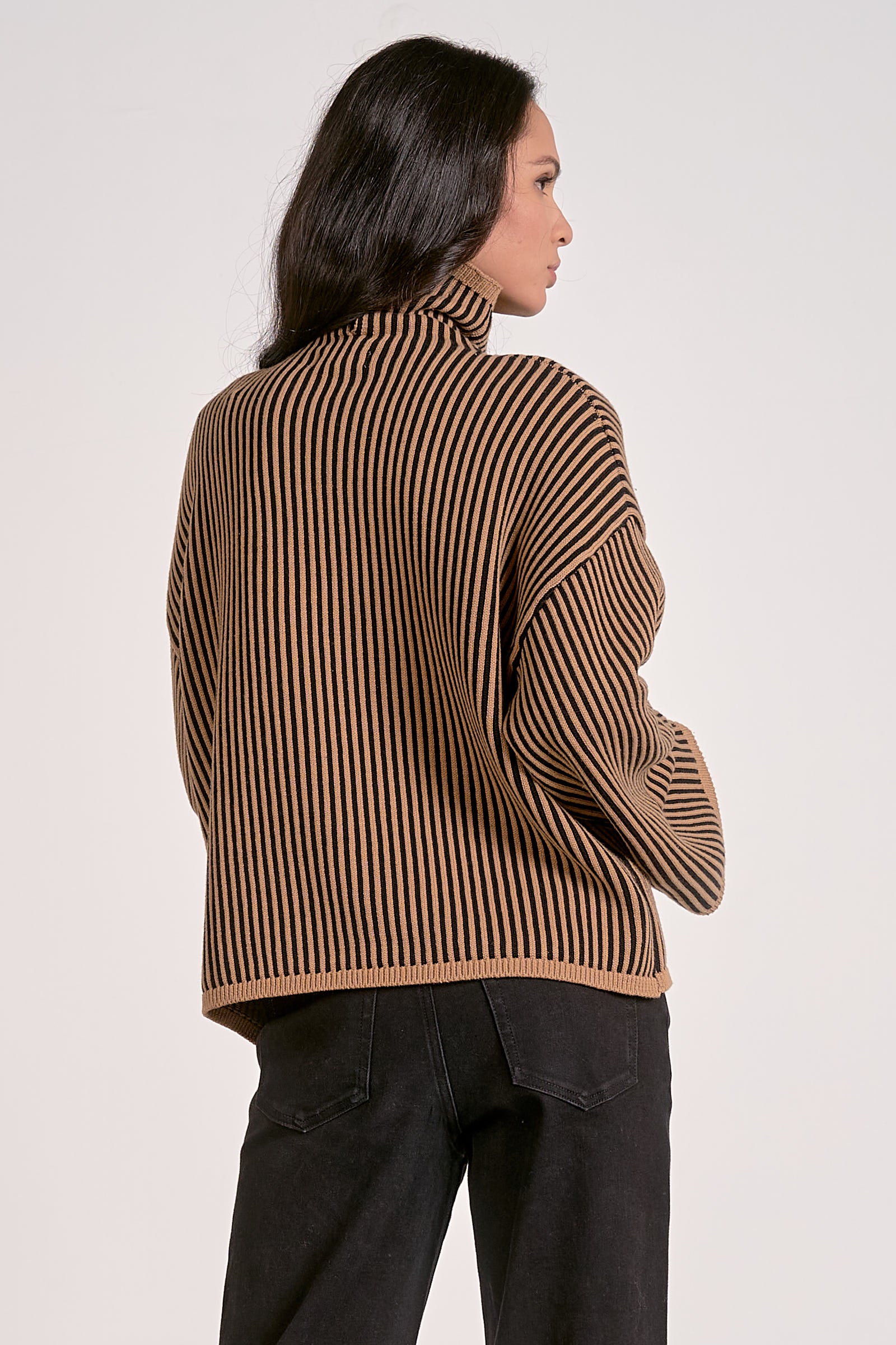 Turtleneck Textured Stripe Bell Sleeve Sweater Tan + Black