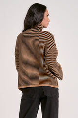Turtleneck Textured Stripe Bell Sleeve Sweater Tan + Black