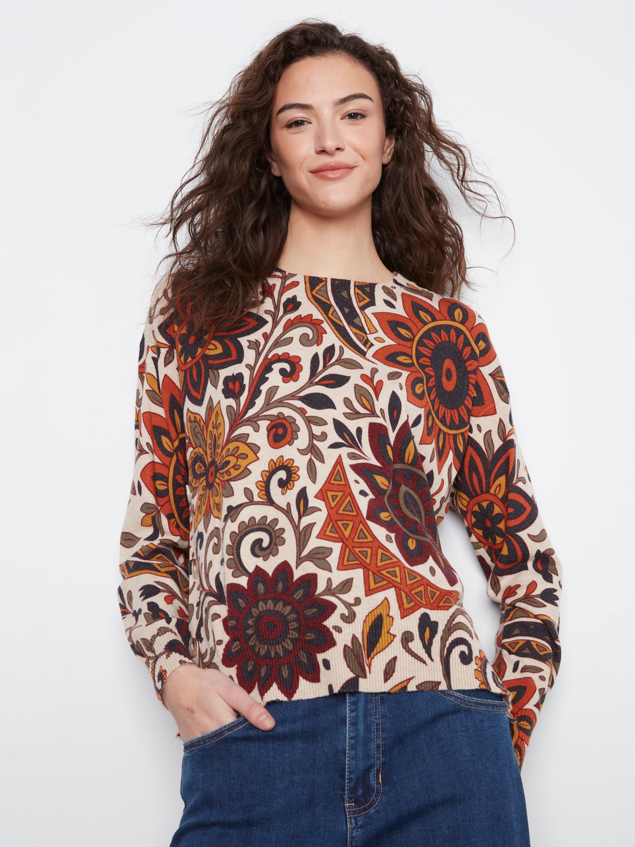 Floral Print Side Button Detail Sweater Rio