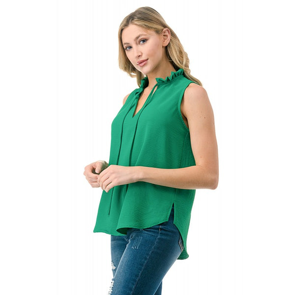 Crinkle Split Tie Neck Sleeveless Top Kelly Green