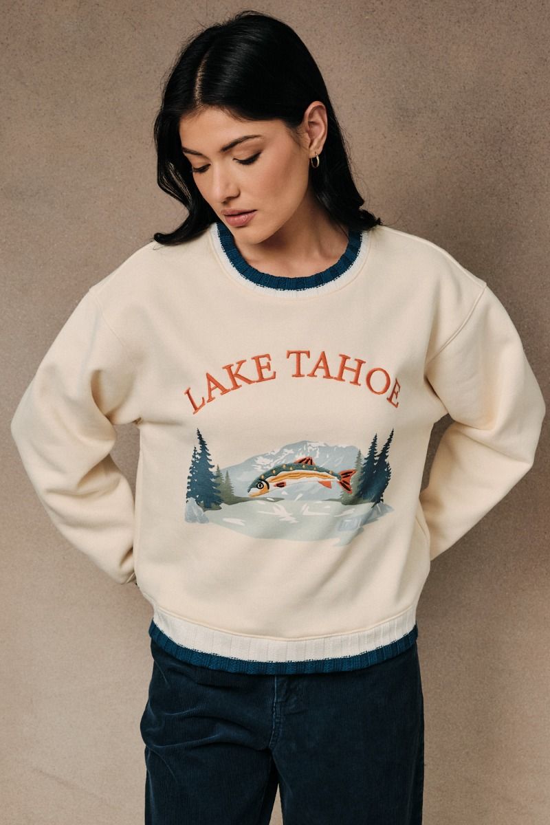 Lake Tahoe Embroidered Sweatshirt Cream + Teal