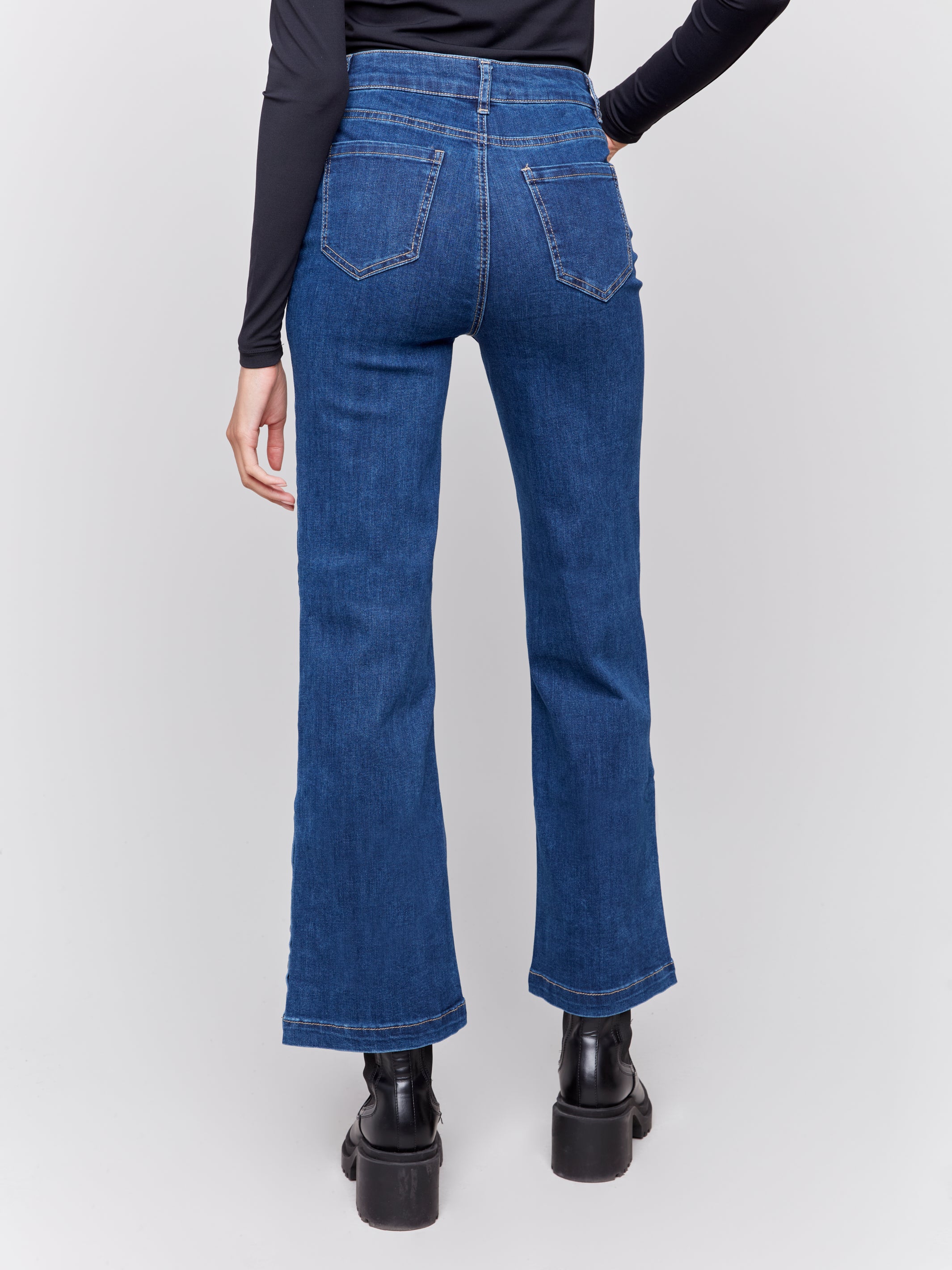 Side Button Flare Leg Jeans Indigo