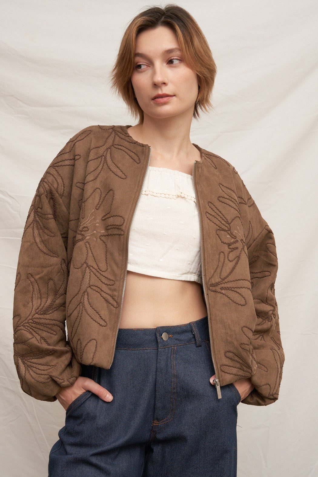 Floral Embroidered Bomber Jacket Khaki