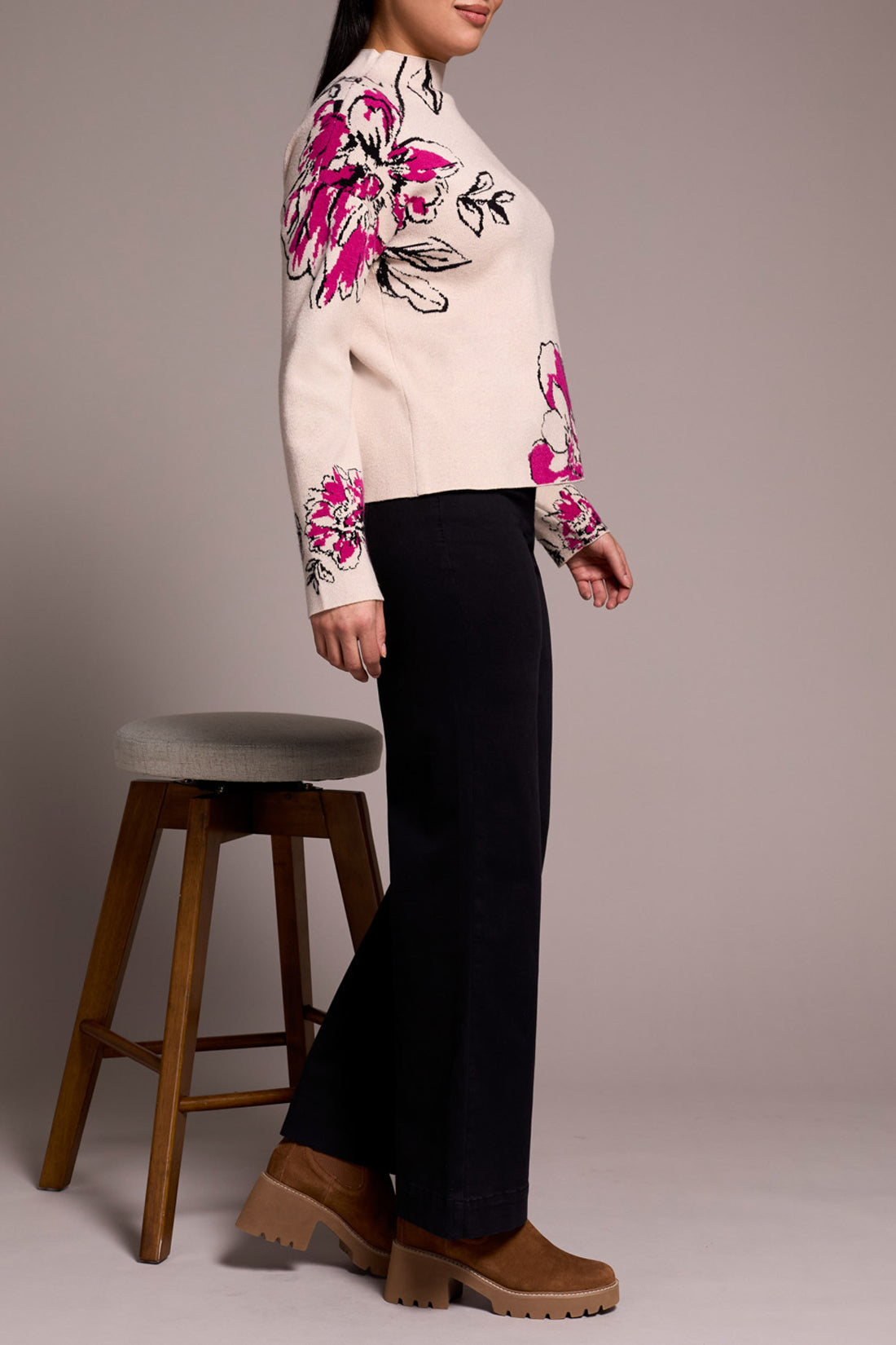 Funnel Neck Floral Print Sweater Pink Flambe