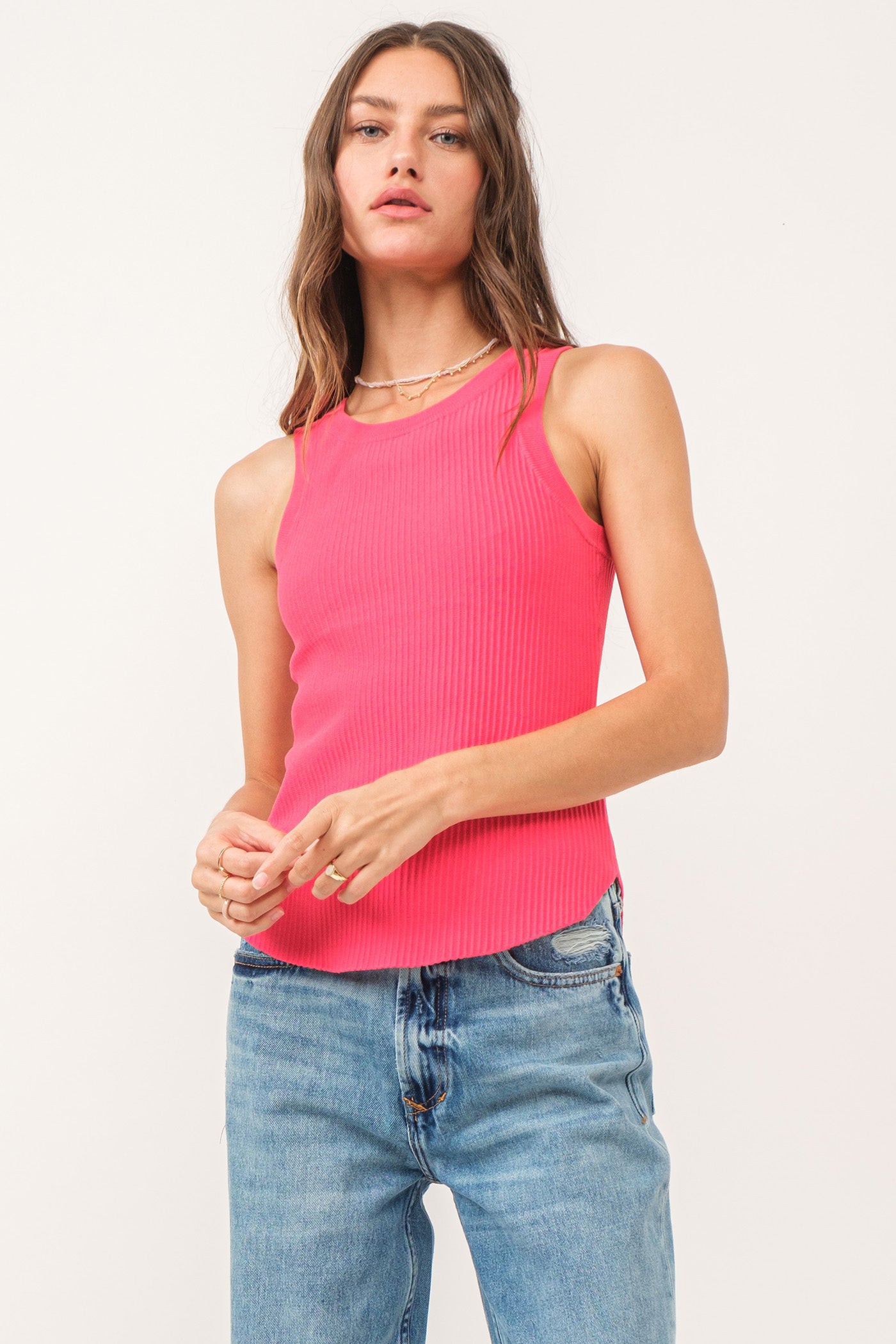 Cora High Neck Ribbed Tank Hibiscus