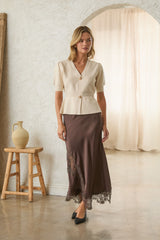 Gold Button Ribbed Short Sleeve Cardigan Ivory