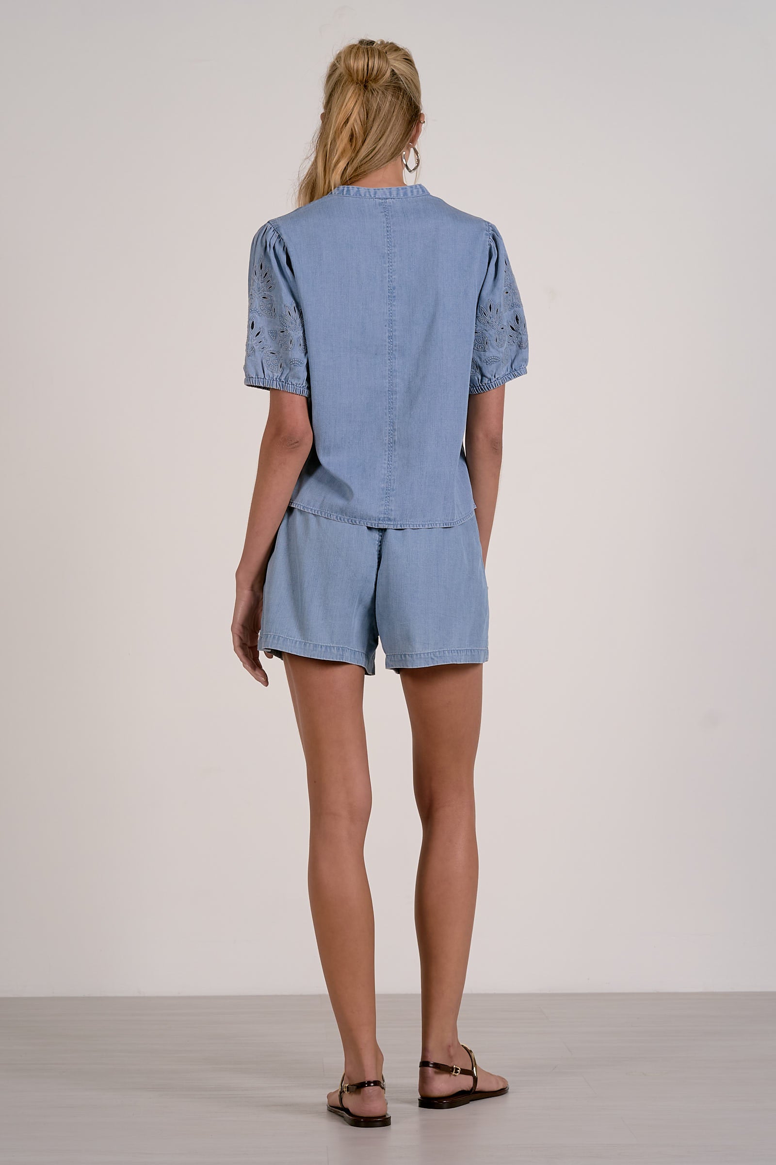 Tonal Embroidered Detail Puff Sleeve Top Denim