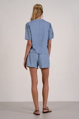 Tonal Embroidered Detail Puff Sleeve Top Denim