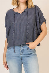 Striped Dolman Neck Tie Balloon Sleeve Top Navy