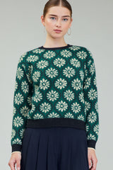 Mod Floral Pullover Sweater Deep Green Multi