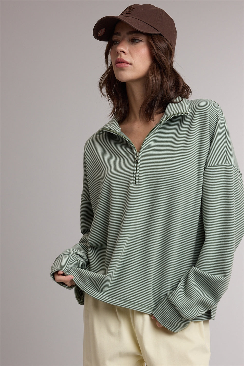 Striped Half Zip Up Knit Pullover Green + Sky
